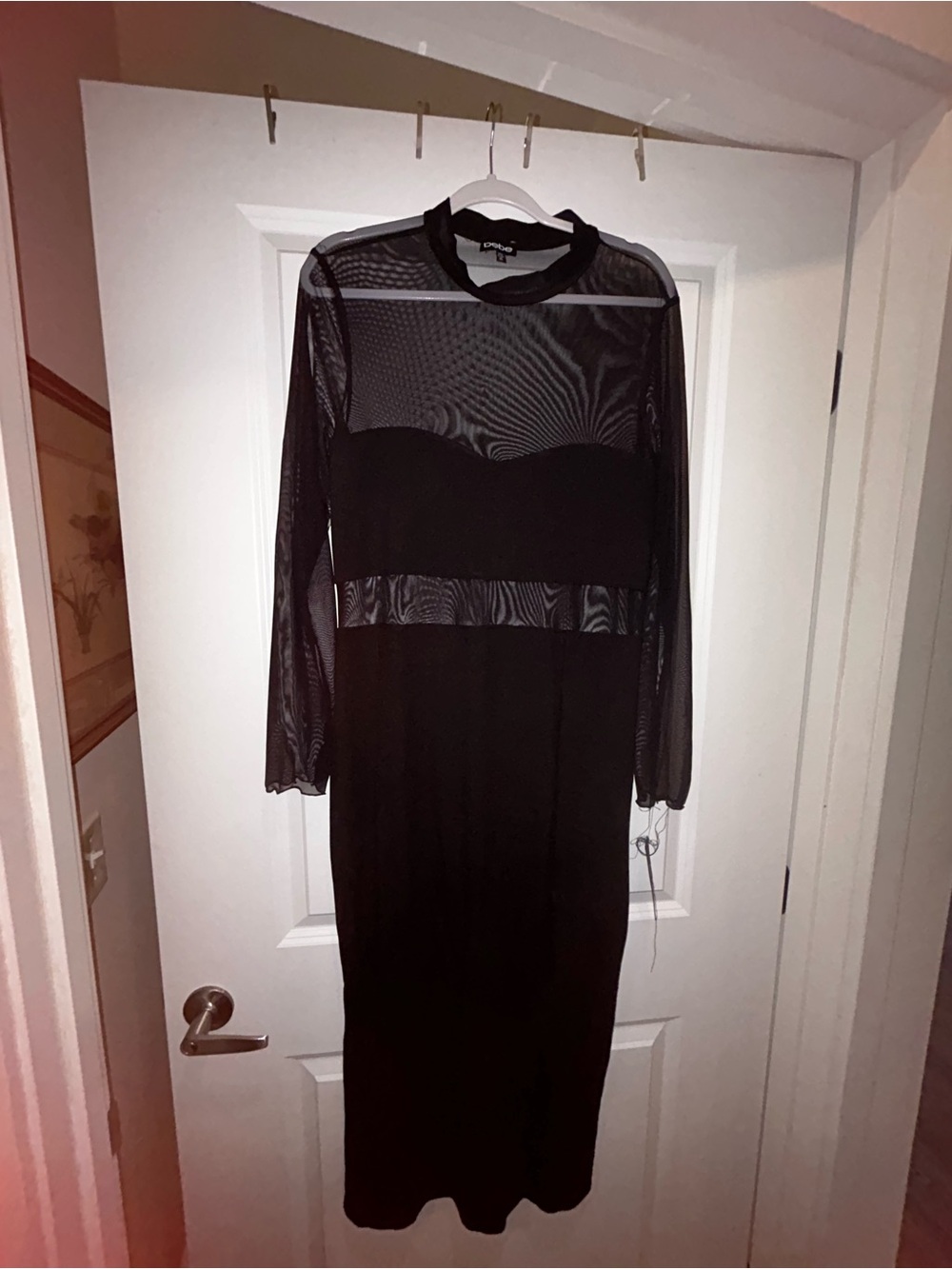 bebe Black Sheer Panel Long Sleeve Midi Dress